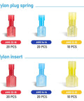 TICONN nylon spade quick-disconnect connectors kit, 100 pcs, insulated male/female terminals, red blue yellow.