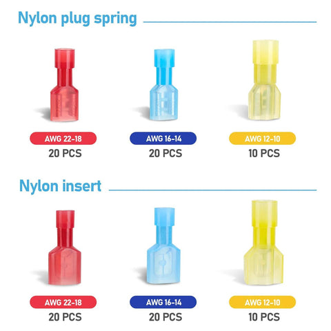 TICONN nylon spade quick-disconnect connectors kit, 100 pcs, insulated male/female terminals, red blue yellow.