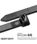 Close-up of Ultra Heavy Duty UV Cable Ties Set Of 50, 250 Lb Tensile Strength, 8.9 Inch Black Nylon for Indoor Outdoor Use, Built Tough
