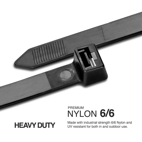 Close-up of Ultra Heavy Duty UV Cable Ties Set Of 50, 250 Lb Tensile Strength, 8.9 Inch Black Nylon for Indoor Outdoor Use, Built Tough