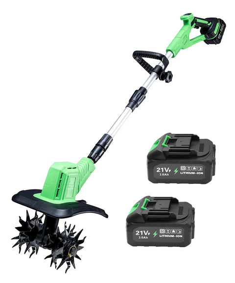 Powerful Battery Powered Garden Tiller With 360 RPM Motor And Dual 3.0Ah Batteries Plus Charger, 9 Inch Tilling Width, shown with batteries