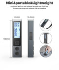 Pocket Size Laser Distance Meter With Alloy Housing, Rechargeable, Backlit Display shown with dimensions and lanyard