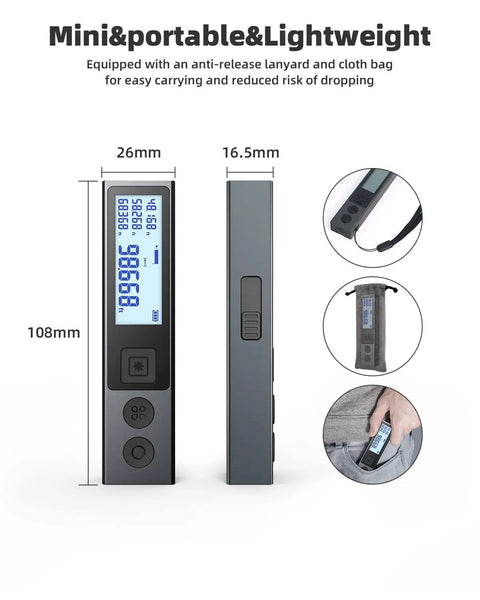 Pocket Size Laser Distance Meter With Alloy Housing, Rechargeable, Backlit Display shown with dimensions and lanyard