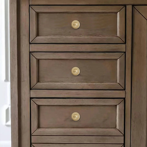 2 Pack 2.5 Inch Brushed Brass Cabinet Knobs With Vintage Backplates For Cabinets Doors And Drawers installed on wooden dresser