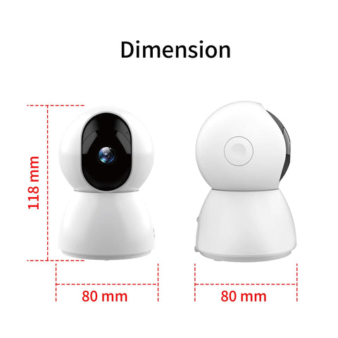 Dimensions of Clear Shot 4K Indoor Security Camera And Pet Watcher With 360 Pan Tilt Two Way Audio, 118mm height, 80mm width.