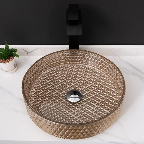 Top-Notch Rectangular Tempered Glass Vessel Sink For Modern Bathroom Vanity - Rad Artistic Basin Bowl For Contemporary Restroom Decor with geometric design and faucet.