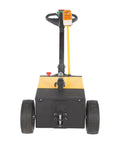 Front view of Heavy Duty Electric Powered Tugger 3K Cart Mover for Airports and Warehouses with handle and safety light.