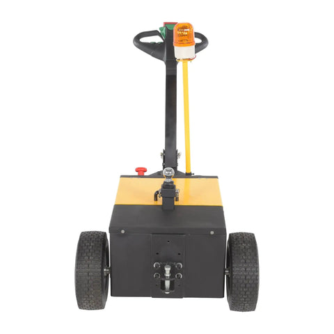 Front view of Heavy Duty Electric Powered Tugger 3K Cart Mover for Airports and Warehouses with handle and safety light.
