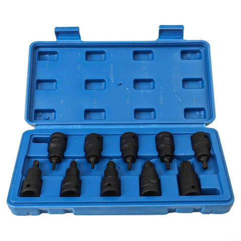 Rock Solid 10PC Socket Adapter Set With 1/2 Inch Drive Bit Holder Featuring T20 To T70 Star Head Screwdriver Bits Made From Heavy Duty Chrome Vanadium Steel For All Your Tough Jobs And Serious DIY Repairs This Kit Is A Total Game Changer For Any Garage. blue case with 10 chrome vanadium socket adapters and T20 to T70 bits