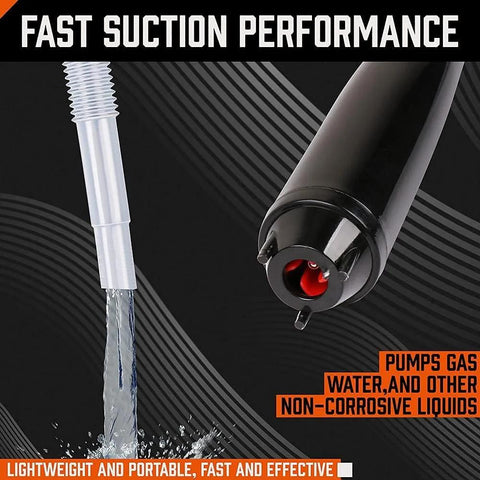 Side view of HORUSDY battery-powered liquid transfer pump with black handheld unit and clear hose