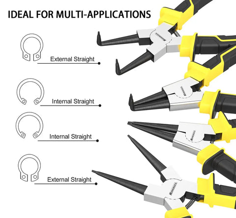 Four Piece Heavy Duty Snap Ring Pliers Set Seven Inch Internal And External Circlip Pliers Kit With Straight And Bent Jaw Tips Built Tough Pro Grade For Ring Removal With Storage Bag And Durable Non Slip Handles showing straight and bent jaw configurations.