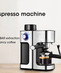 Fast Heating Automatic Espresso Machine With Milk Frother Wand For Cappuccino Latte Macchiato And More No Fuss Quiet Operation Dual Temperature Control For Espresso And Frothing Easy To Use Home Barista Coffee Maker with stainless steel design, displayed on a wooden surface.