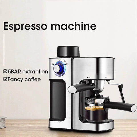 Fast Heating Automatic Espresso Machine With Milk Frother Wand For Cappuccino Latte Macchiato And More No Fuss Quiet Operation Dual Temperature Control For Espresso And Frothing Easy To Use Home Barista Coffee Maker with stainless steel design, displayed on a wooden surface.