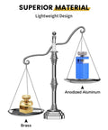 Scale comparing brass weight with blue anodized aluminum stair gauge for Tall Stair Gauges For Framing Square Set