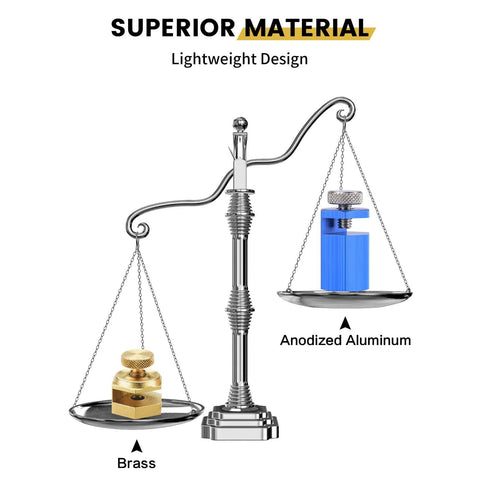 Scale comparing brass weight with blue anodized aluminum stair gauge for Tall Stair Gauges For Framing Square Set
