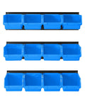 Wall Mounted Storage Bins System With 12 Sturdy Plastic Bins And 3 Steel Rails For Screws Nuts Bolts Nails And Small Hardware Parts Blue Garage Organization To Keep Your Workshop Lookin Neat And Ready, front view of blue bins on rails.