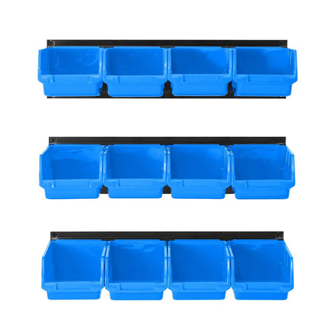 Wall Mounted Storage Bins System With 12 Sturdy Plastic Bins And 3 Steel Rails For Screws Nuts Bolts Nails And Small Hardware Parts Blue Garage Organization To Keep Your Workshop Lookin Neat And Ready, front view of blue bins on rails.