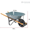 Five Cubic Foot Heavy Duty Garden Cart With 15 Inch Flat Free Tire in grey and wood, 55 inches long, with steel frame dimensions.