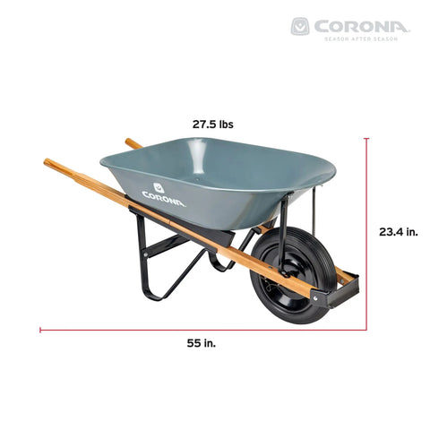 Five Cubic Foot Heavy Duty Garden Cart With 15 Inch Flat Free Tire in grey and wood, 55 inches long, with steel frame dimensions.