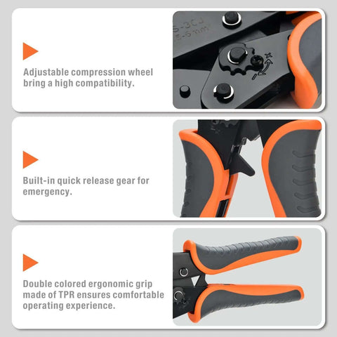 Pro Grade Ratchet Wire Crimping Tool Set With 5 Interchangeable Jaws featuring ergonomic grip and compression wheel for electricians and DIYers.