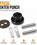 Precision Optical Center Punch Kit with cork pad, aluminum body, and dual hardened steel tips for accurate drilling layouts.