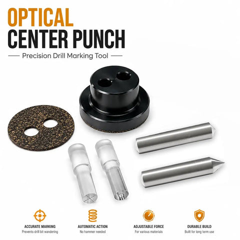 Precision Optical Center Punch Kit with cork pad, aluminum body, and dual hardened steel tips for accurate drilling layouts.