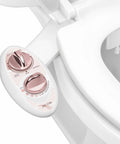 Neo 185 Dual Nozzle Bidet Attachment for Toilet Seat in Rose Gold, featuring controls for self-cleaning and adjustable water pressure.