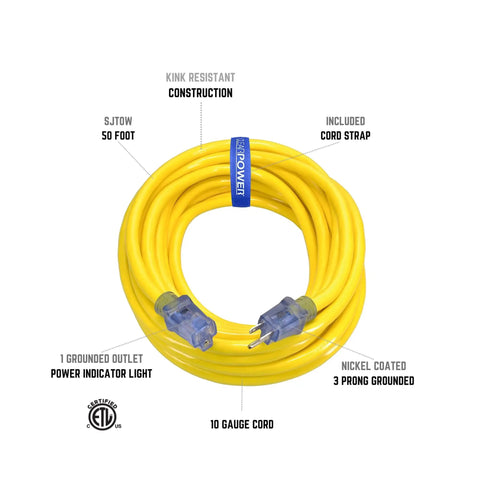 50 Ft 10/3 SJTOW Extra Heavy Duty Contractor Grade Extension Cord With Power Indicator Light, Oil Water Weather And Kink Resistant, Flame Retardant, Yellow, 3 Prong Grounded Plug For Outdoor Use CP10175