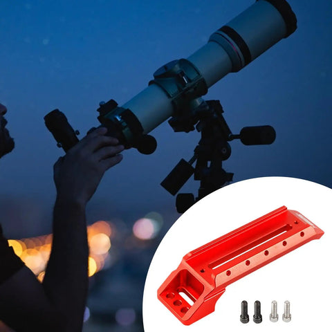 Red alloy Astronomy Telescope Carrying Handle Mount Bracket with 60 Degree Slot displayed with screws next to telescope at dusk.