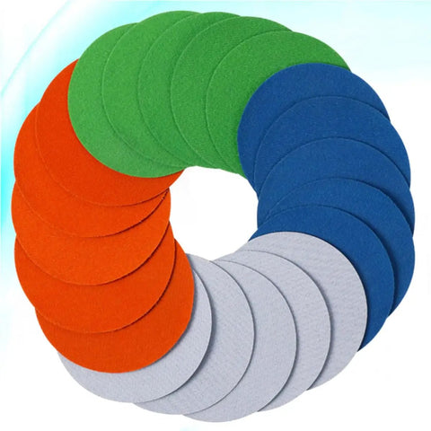High Performance Flocking Hook And Loop Sanding Discs For Electric Sanders Includes 3000 Grit And 5000 Grit Wet Dry Blending Paper Pads Set of 20 in circular arrangement.