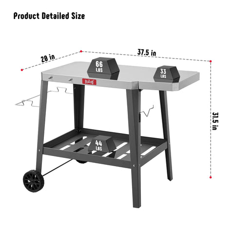 Rolling Pizza Oven Stand With Beveled Stainless Steel Top 31 By 19 Inches Foldable Extension Table Outdoor Bar Cart Gray
