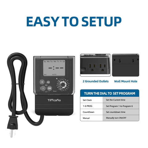 Heavy Duty Digital Outdoor Timer With Waterproof Dial Programming And Two Grounded Outlets On A 2 Ft Extension Cord For No Fuss Light Control And Six Schedule Options That Turn Backyard Projects Into A Total Breeze showing dial, buttons, and cord.
