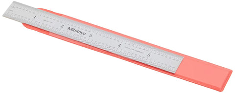 Six Inch By One Hundred Fifty Millimeter Steel Rule Built To Last With Multiple Graduations Including One Thirty Second One Sixty Fourth One Millimeter And One Half Millimeter Satin Chrome Finish Tempered Stainless Steel For Precision Measurements, shown in a protective case