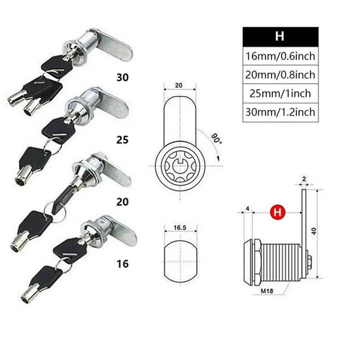 Tubular Cam Lock Set For Mailboxes, Drawers, Cupboards And Safes, 16mm 20mm 25mm 30mm Cylinders With Keys shown in diagram