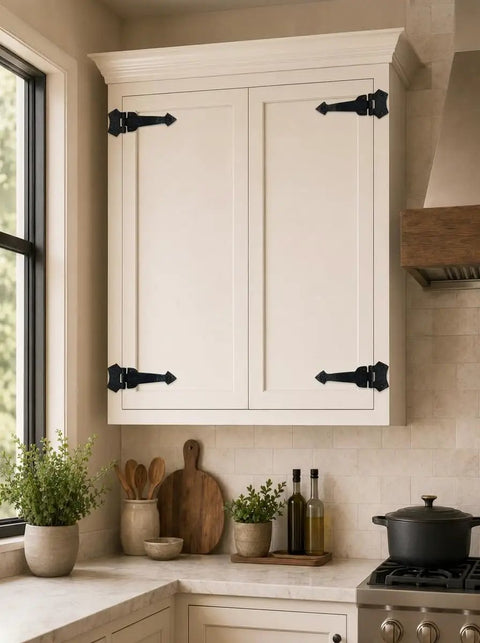 White kitchen cabinets with 7 Inch Beveled Arrow Decorative Black Hinges For Doors Gates Cabinets Barn Closets Heavy Duty Cast Iron Hardware