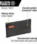 Cordura Nylon Tool Pouch With Heavy Duty Zipper, 12-1/2 Inch Black Zipper Bag Constructed for Hand Tools by Klein Tools