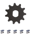 T8F Chain 11T Sprocket With Master Link Replacement For Kids Electric Scooters E Scooters And Mini Pocket Dirt Bikes Front Motor Sprocket Parts MY1020 Compatible With Razor MX650 MX500 SX500, black metal sprocket with master links, front view.