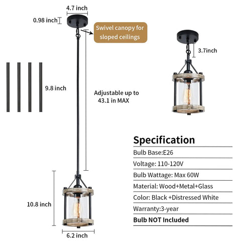Farmhouse Rustic Pendant Light With Wood And Metal Cage Glass Shade, 43 Inch Adjustable Hanging Light For Kitchen Island Foyer And Hallway, On Point For Flat Or Sloped Ceilings, 2 Pack