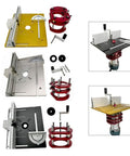 Smooth Operator Aluminum Router Table Insert Plate With Rise And Fall Base Nondistorting Milling Flip Plate and Precision Miter Gauge with red and black inserts.