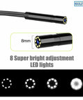 Dope 1080P HD Handheld Borescope With 4.3 Inch LCD Screen And Hella Bright LED Lights For Tight Spaces showing 8mm camera tip with adjustable LED lights.