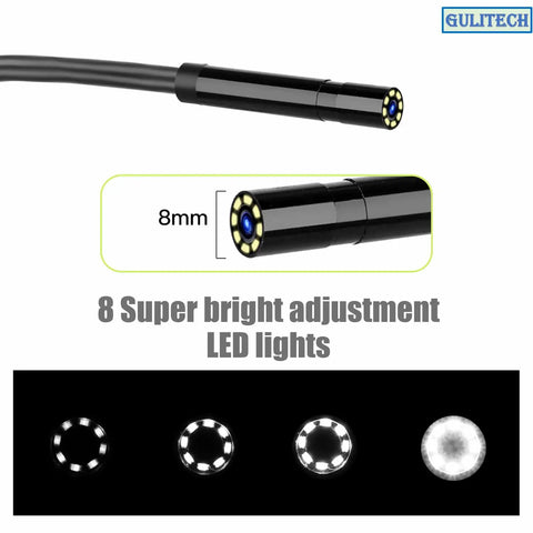 Dope 1080P HD Handheld Borescope With 4.3 Inch LCD Screen And Hella Bright LED Lights For Tight Spaces showing 8mm camera tip with adjustable LED lights.