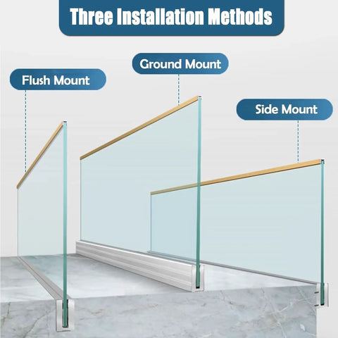 Solid As A Rock Silver Aluminum Glass Railing Spigot Clamps installation methods: flush, ground, side mount for deck and pool.