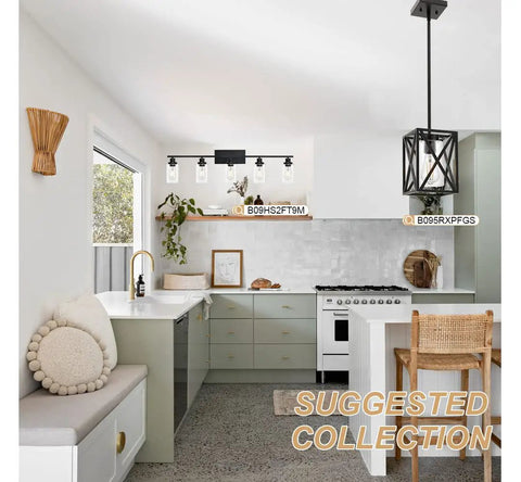 Industrial Farmhouse 5 Lights Vanity Fixture Over Mirror With Clear Glass Shades Matte Black Finish in modern kitchen