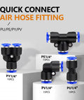 60 Piece 1 Quarter Inch Push To Connect Air Hose Fittings Quick Release Pneumatic Kit With 15 Splitters 15 Elbows 15 Tees And 15 Straights For Air Lines Durable Plastic Construction, showing quick connect fittings on display