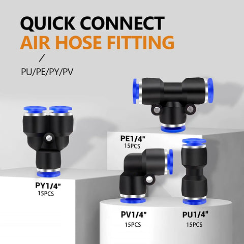 60 Piece 1 Quarter Inch Push To Connect Air Hose Fittings Quick Release Pneumatic Kit With 15 Splitters 15 Elbows 15 Tees And 15 Straights For Air Lines Durable Plastic Construction, showing quick connect fittings on display