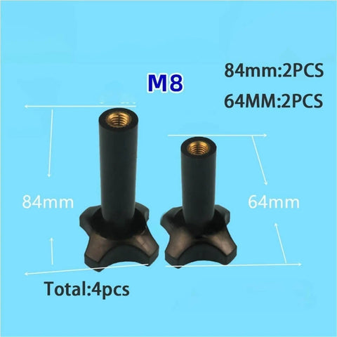 M8 Plastic Screw Nuts Black Fastener Kit For Soft Serve Ice Cream Machines Includes Two Sixty Four And Two Eighty Four Millimeter Feet showing 4 plastic fasteners on blue background.