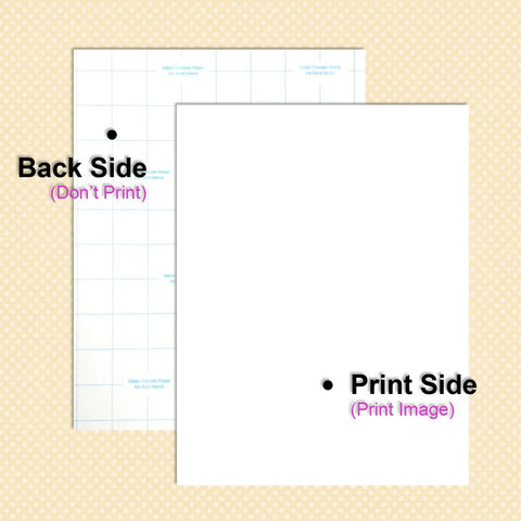 DIY Friendly Inkjet Compatible Heat Transfer Paper sheets showing print and back side, 15 sheets 8.5 x 11 inches