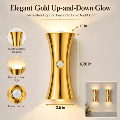 2 Pack Rechargeable Wall Sconces with Motion Sensor and Magnetic Mount, gold hourglass design with gentle up-and-down glow.
