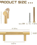 Four Pack 3 Inch Solid Brass Cabinet Pulls In Brushed Gold Finish with installation hardware and detailed measurements.