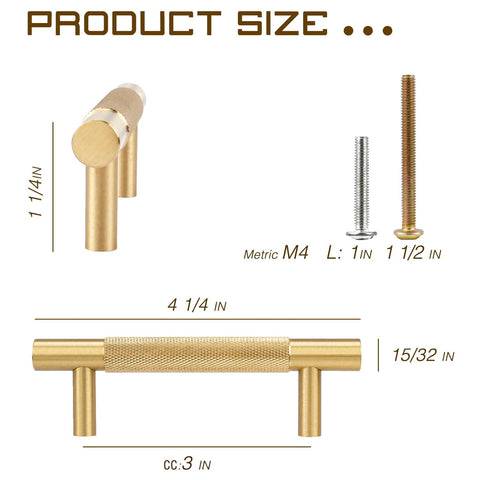 Four Pack 3 Inch Solid Brass Cabinet Pulls In Brushed Gold Finish with installation hardware and detailed measurements.